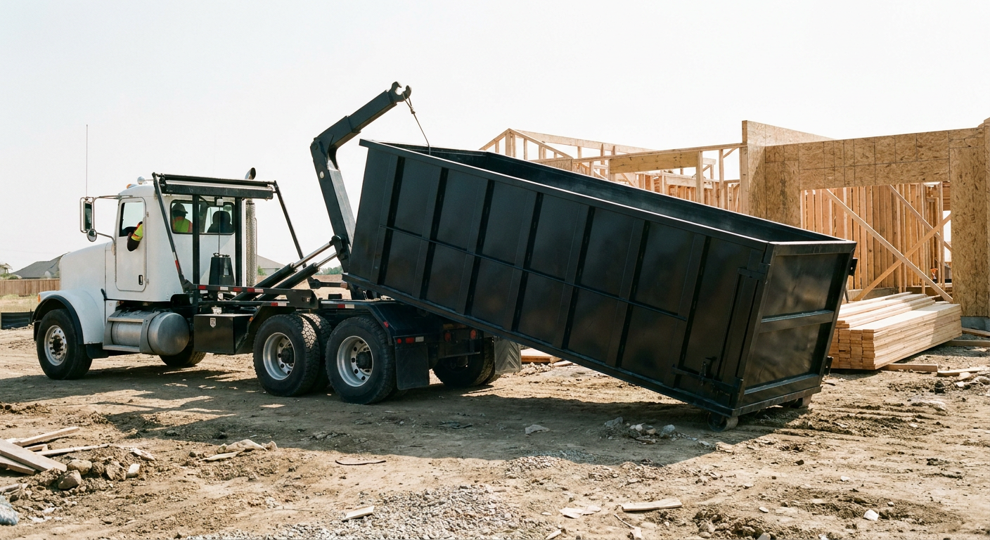 Matte-black roll-off dumpster being delivered onto a clean residential concrete driveway in Pompano Beach by an unmarked white hooklift hauler truck, bright morning daylight, documentary 35mm perspective.
